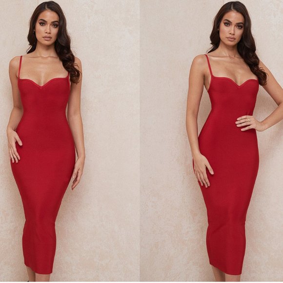 House of CB 'Domenica' Red Sweetheart Neckline Bandage Midi Dress NWOT - Picture 3 of 5